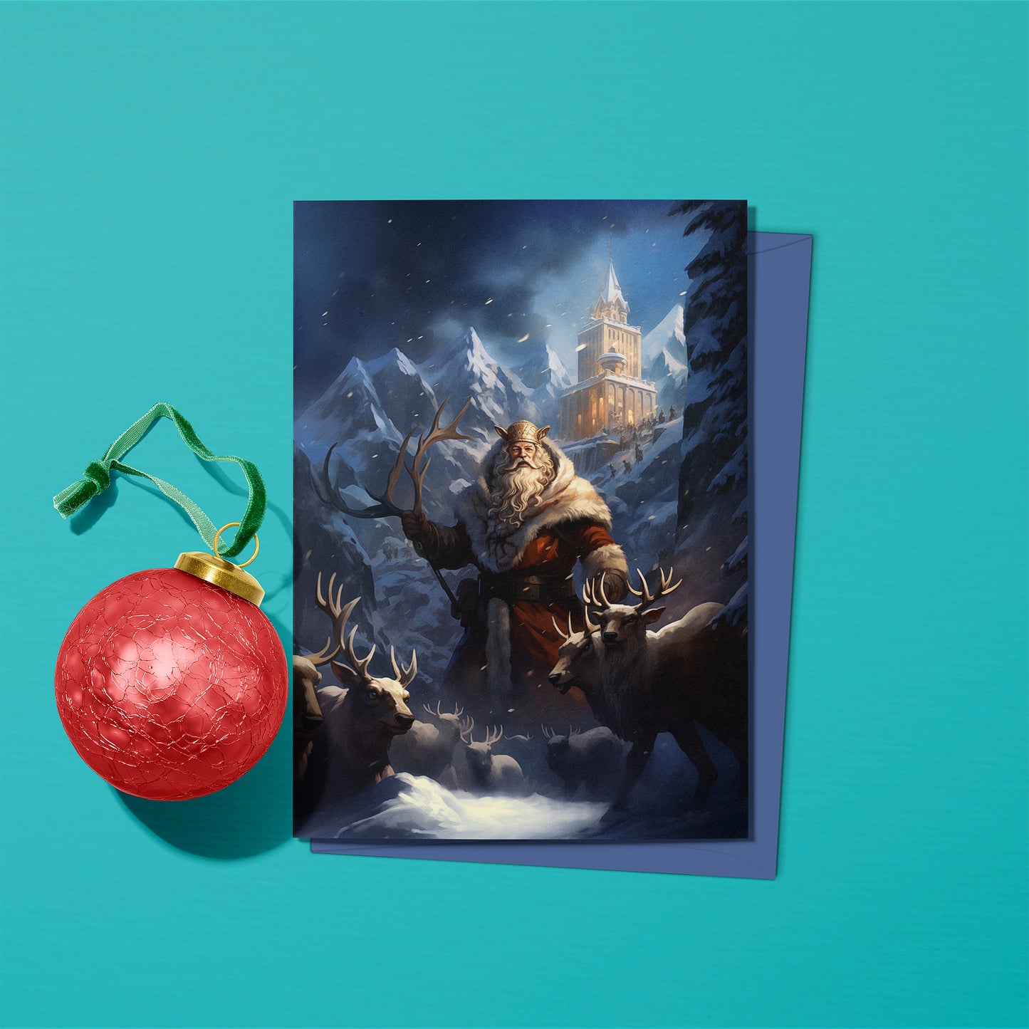 Fantasy style greeting card with Santa and Reindeer, and a red Christmas ornament and blue envelope.
