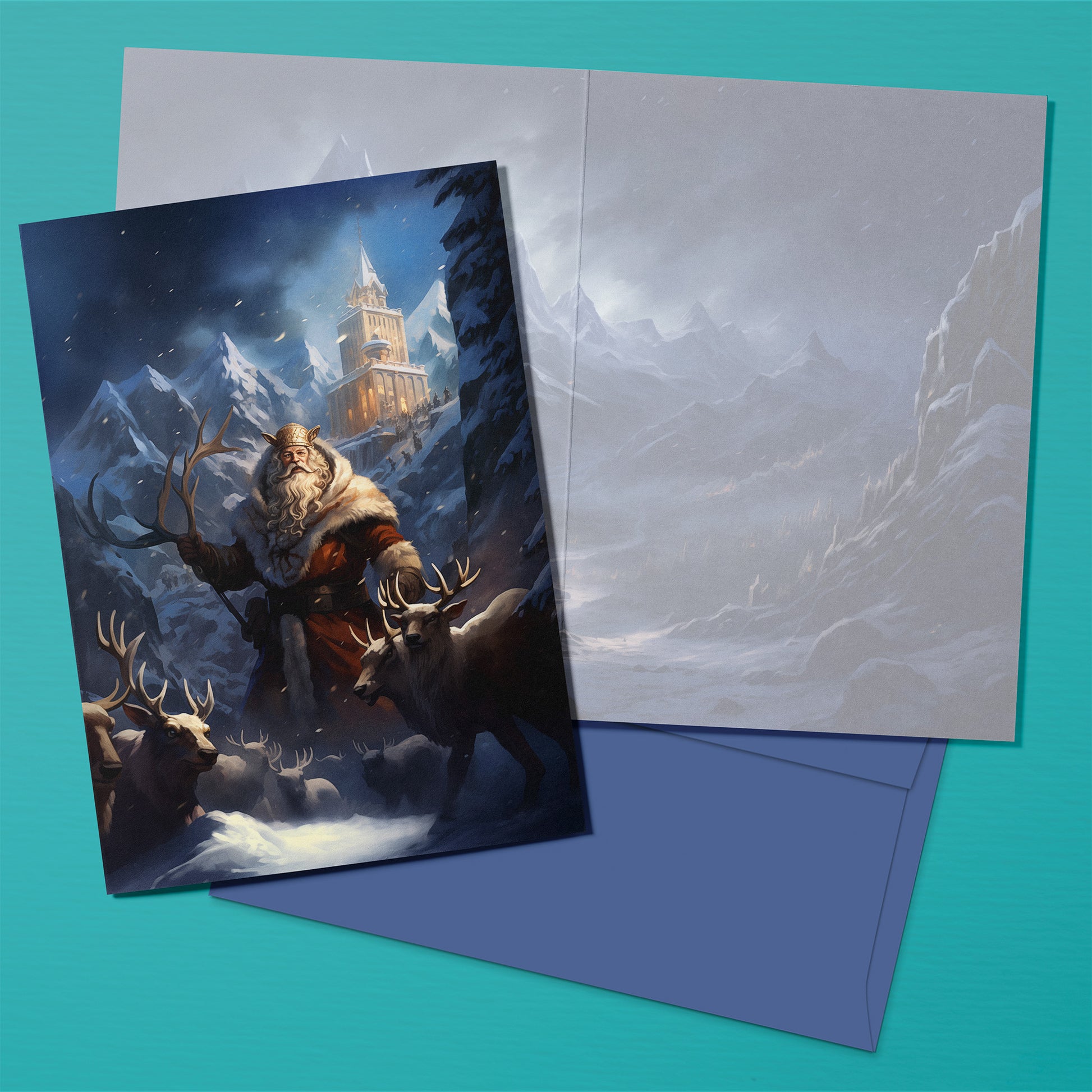 Fantasy style greeting card with Santa and Reindeer, and a blank inside, with blue envelope.