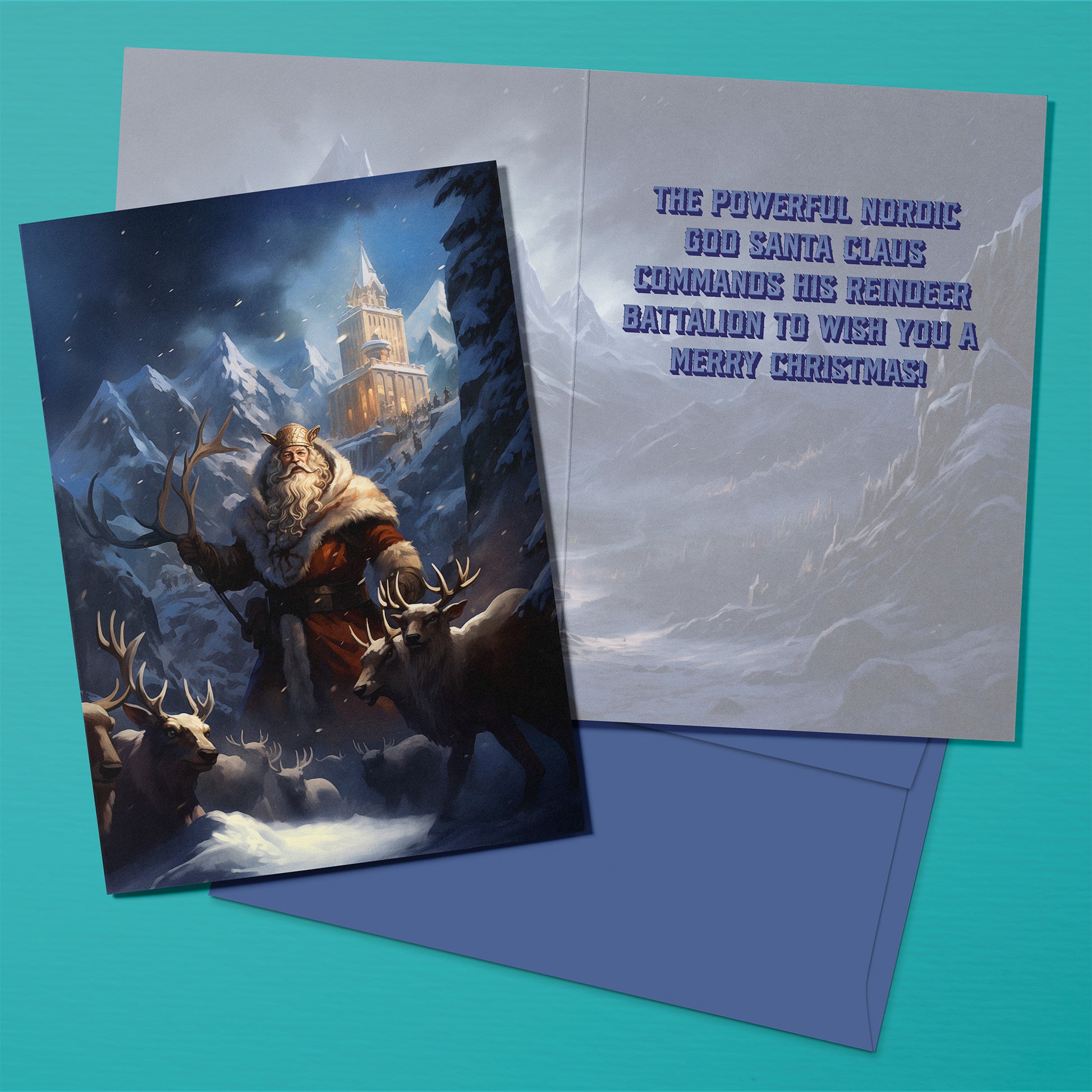 Fantasy style greeting card with Santa and Reindeer, and a Christmas greeting inside, with blue envelope.