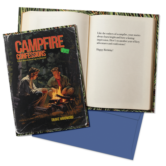 Book titled 'Campfire Confessions' with a birthday message on a white background