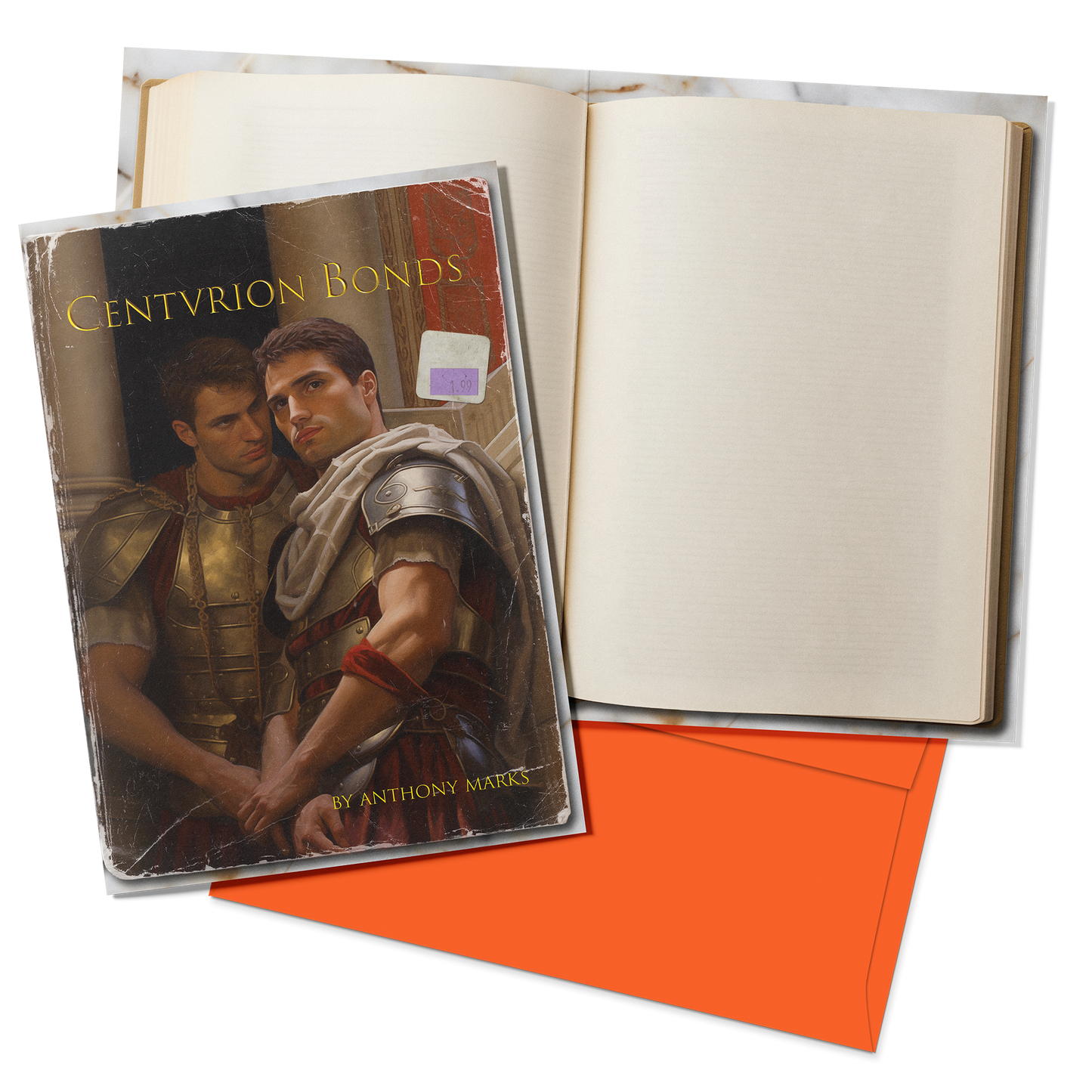 Greeting card that looks like a paperback book, with "Centurion Bonds" and two Roman Soldiers on the cover, and blank book pages inside. With an orange envelope.