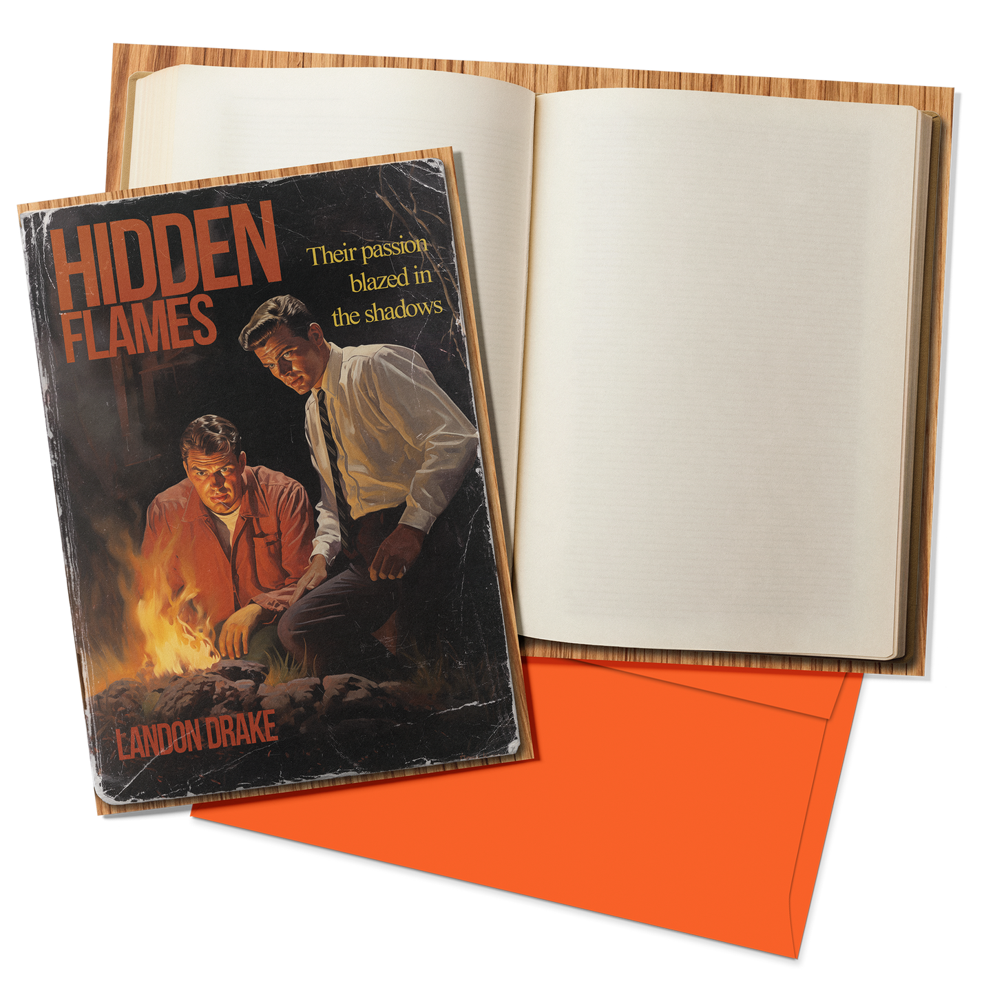 Book titled 'Hidden Flames' by Landon Drake with a cover featuring two men by a fire.