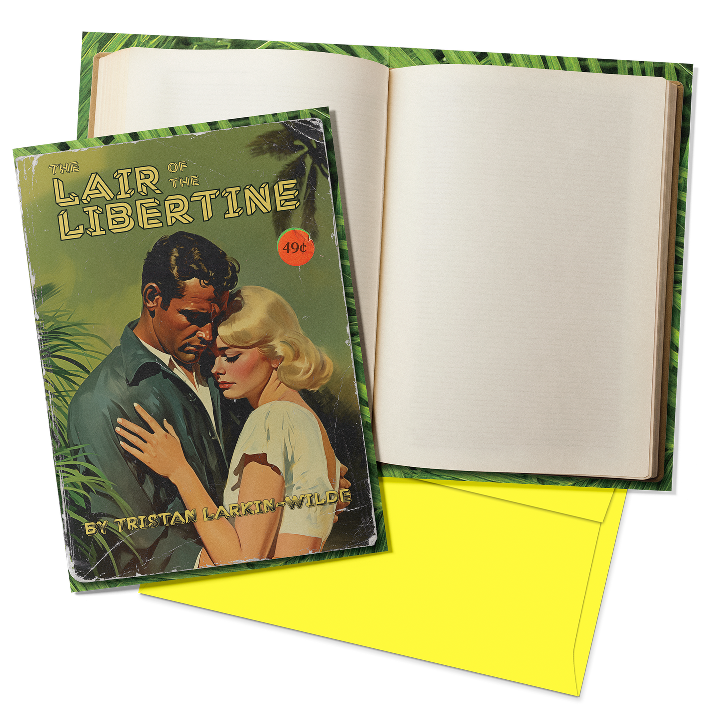 Book with a cover featuring a couple and text, open to a blank page with a yellow envelope underneath.