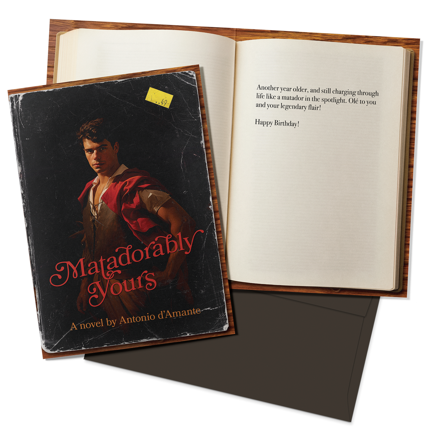 Book with a cover featuring a portrait and text, open to a birthday message.