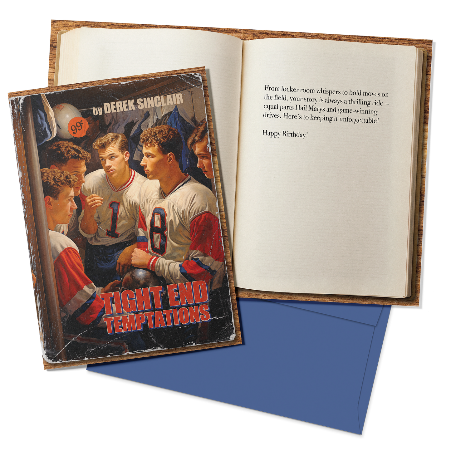 Book with a cover featuring a sports-themed illustration and an open book with text on a white background.
