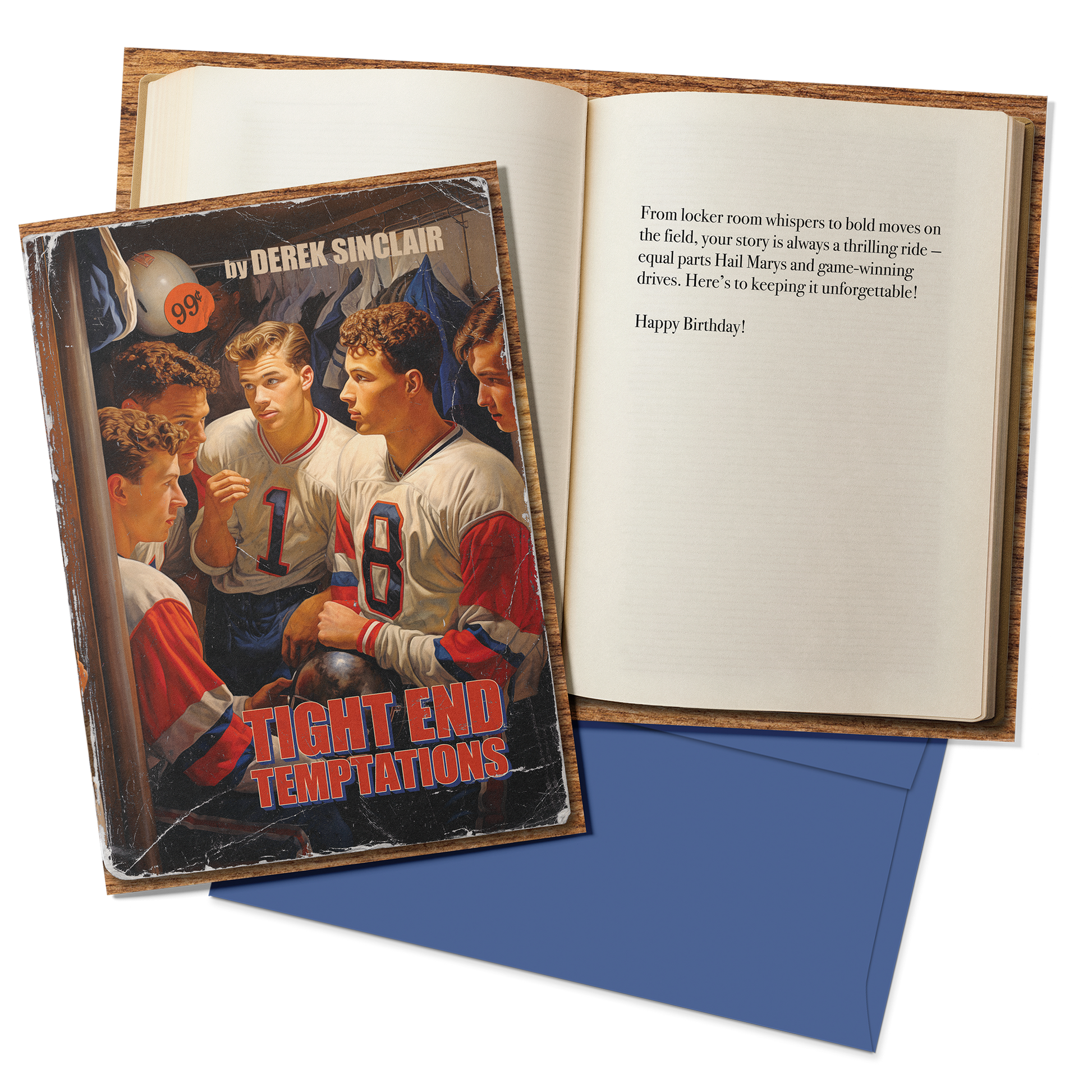 Book with a cover featuring a sports-themed illustration and an open book with text on a white background.