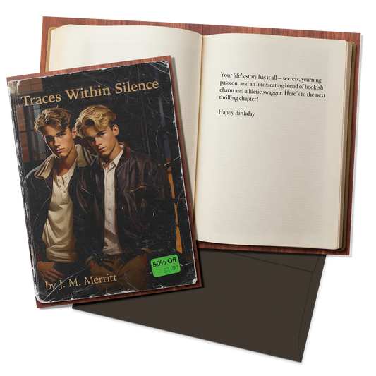 Book with a cover featuring two young men and an open book with a birthday message.