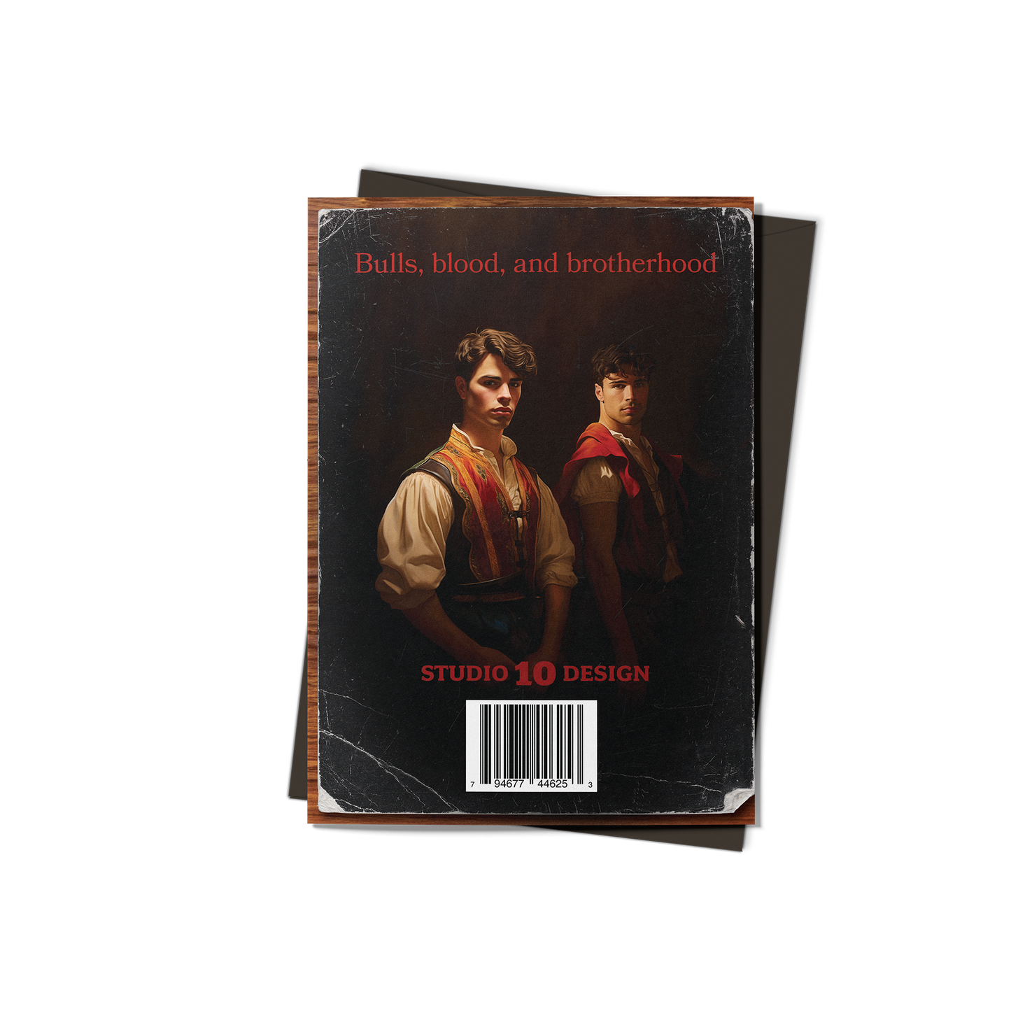 Book or notebook with a cover featuring two individuals and text on a white background