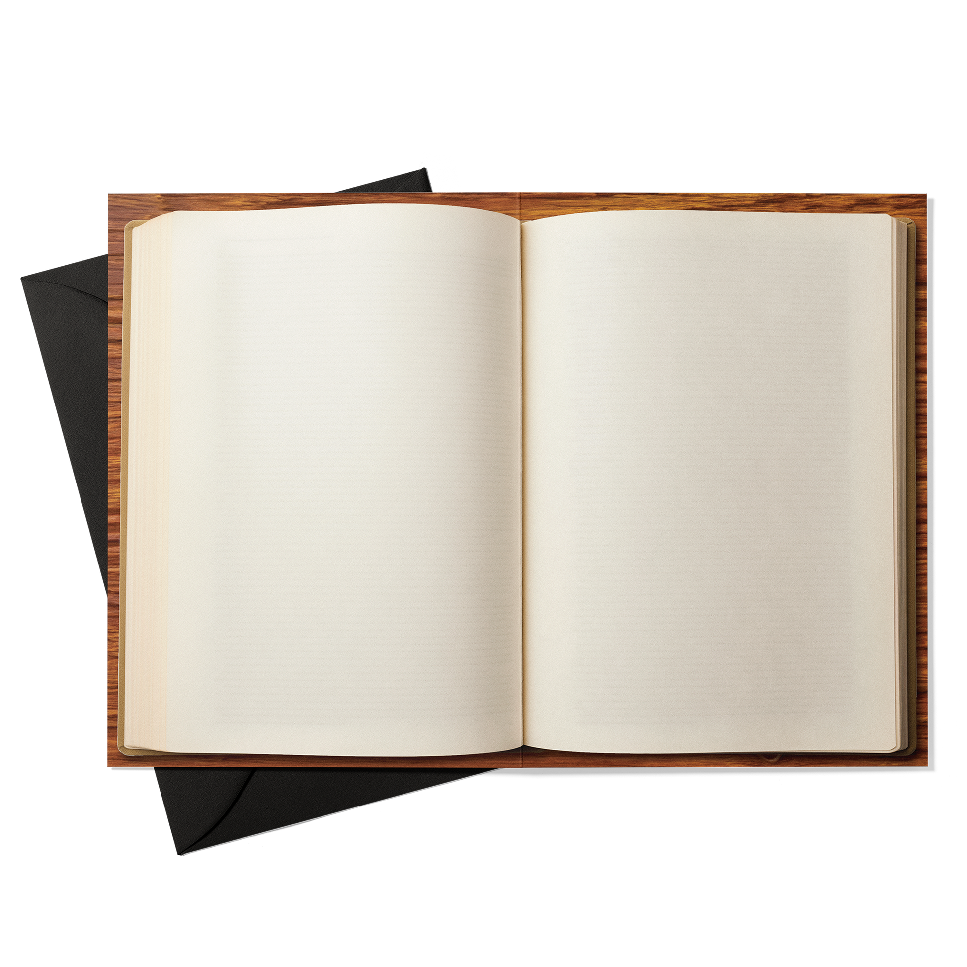 Open book with wooden cover on a white background