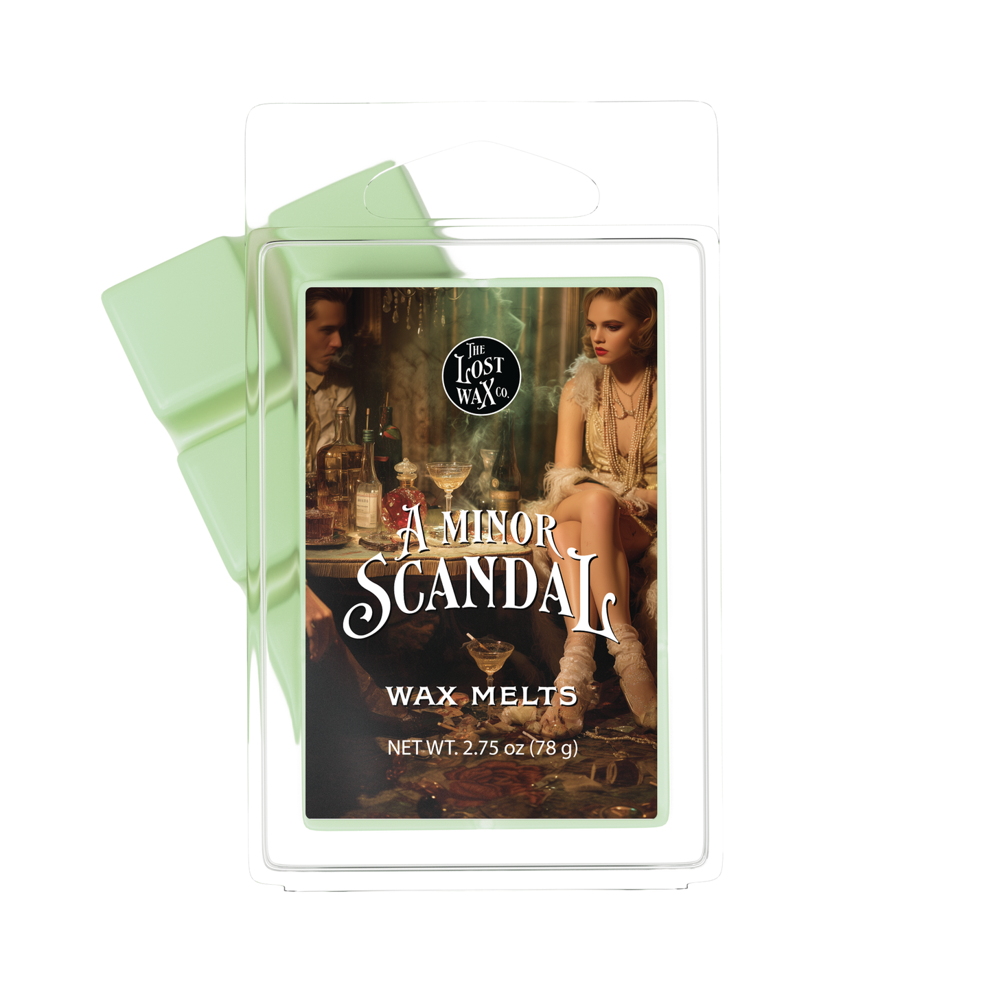 Wax melts packaging with 'A Minor Scandal' design on a white background