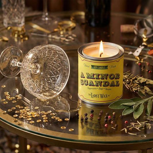 Candle labeled 'A Minor Scandal' on a table with glasses and decorative items.