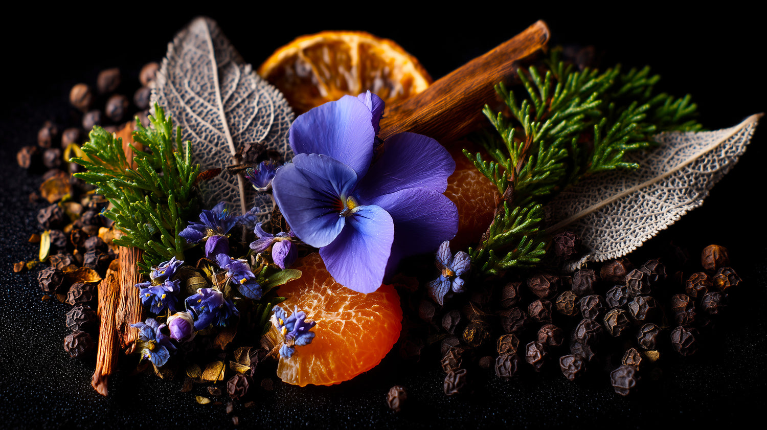 Spices, herbs, and a blue flower on a dark background