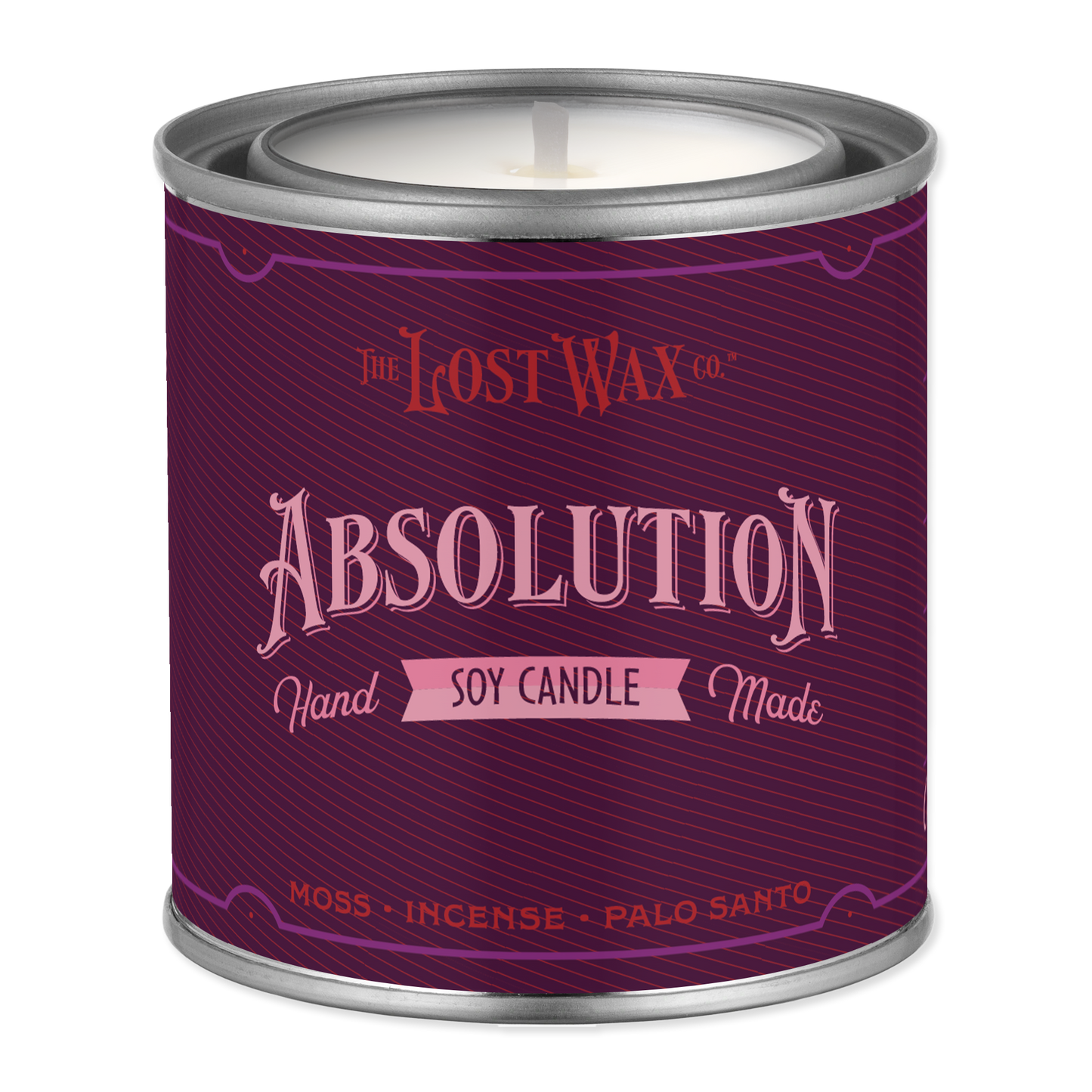 Purple candle container labeled 'Absolution' by The Lost Wax Co. on a white background