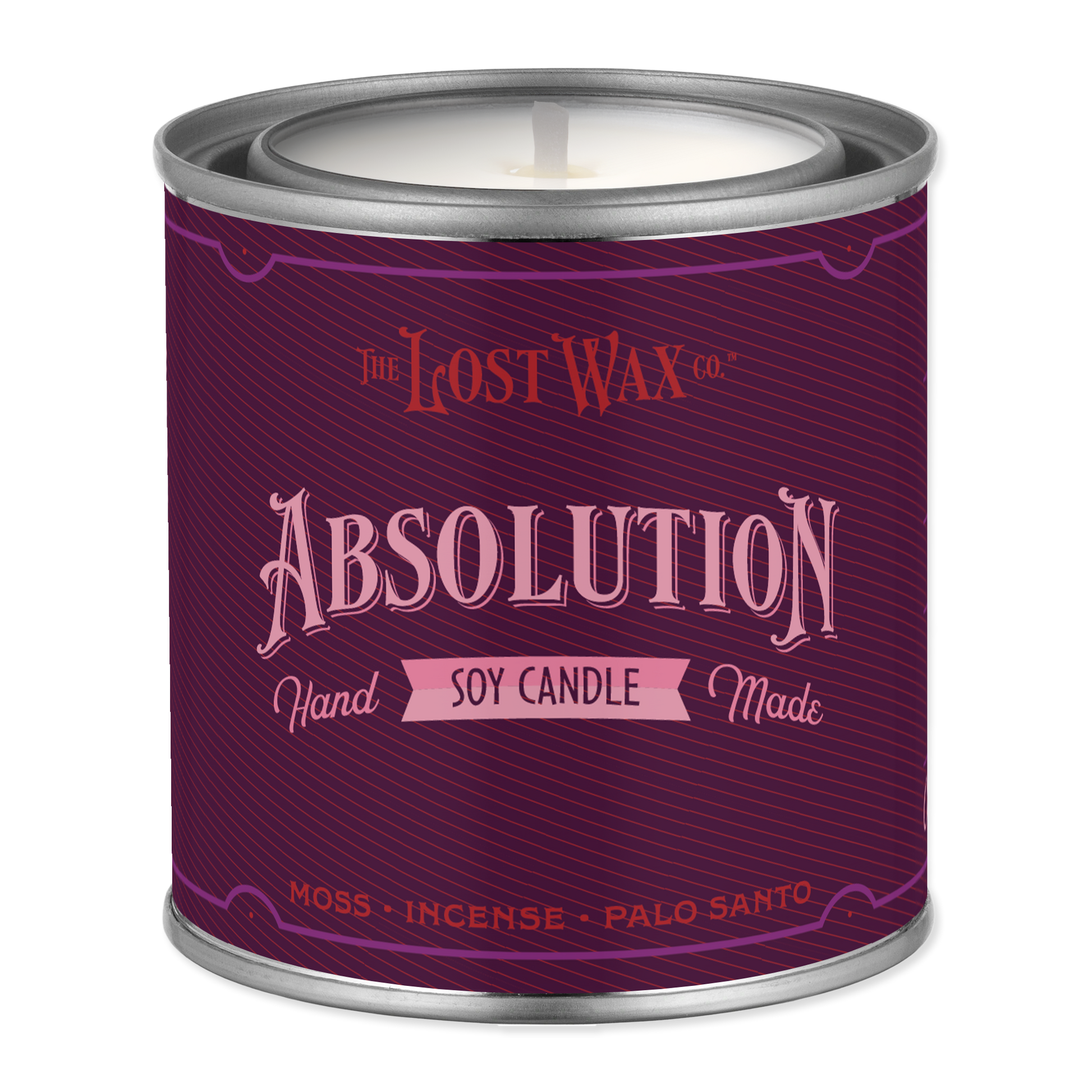 Purple candle container labeled 'Absolution' by The Lost Wax Co. on a white background