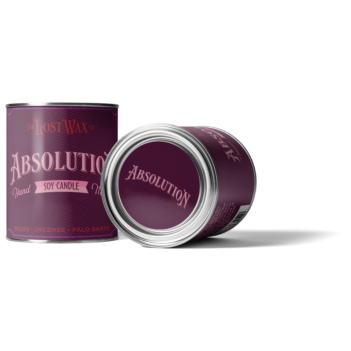 Purple candle tin labeled 'Absolution' with a white background