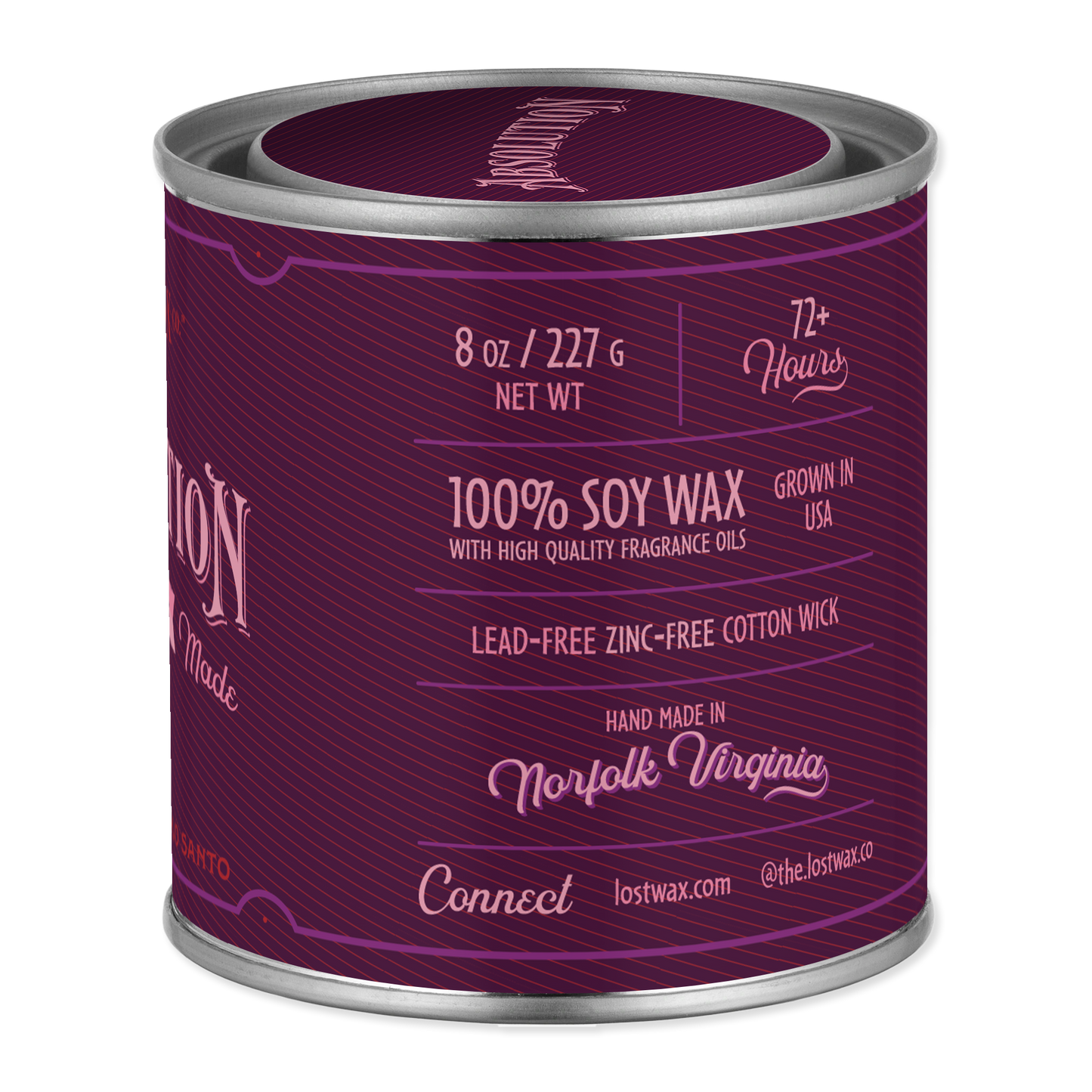 Purple candle canister with white text on a white background
