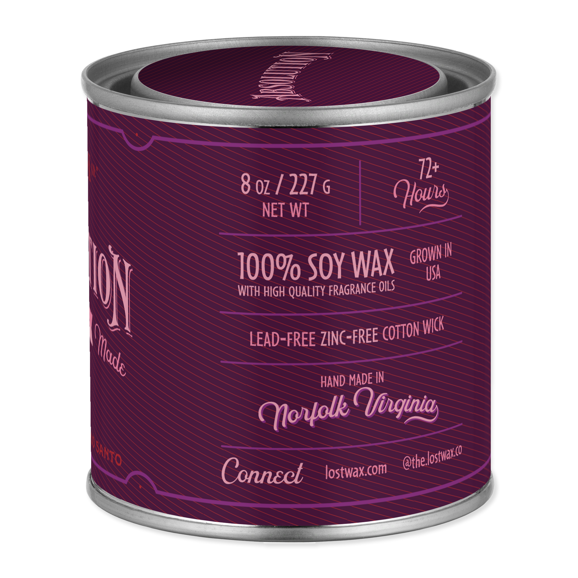 Purple candle canister with white text on a white background