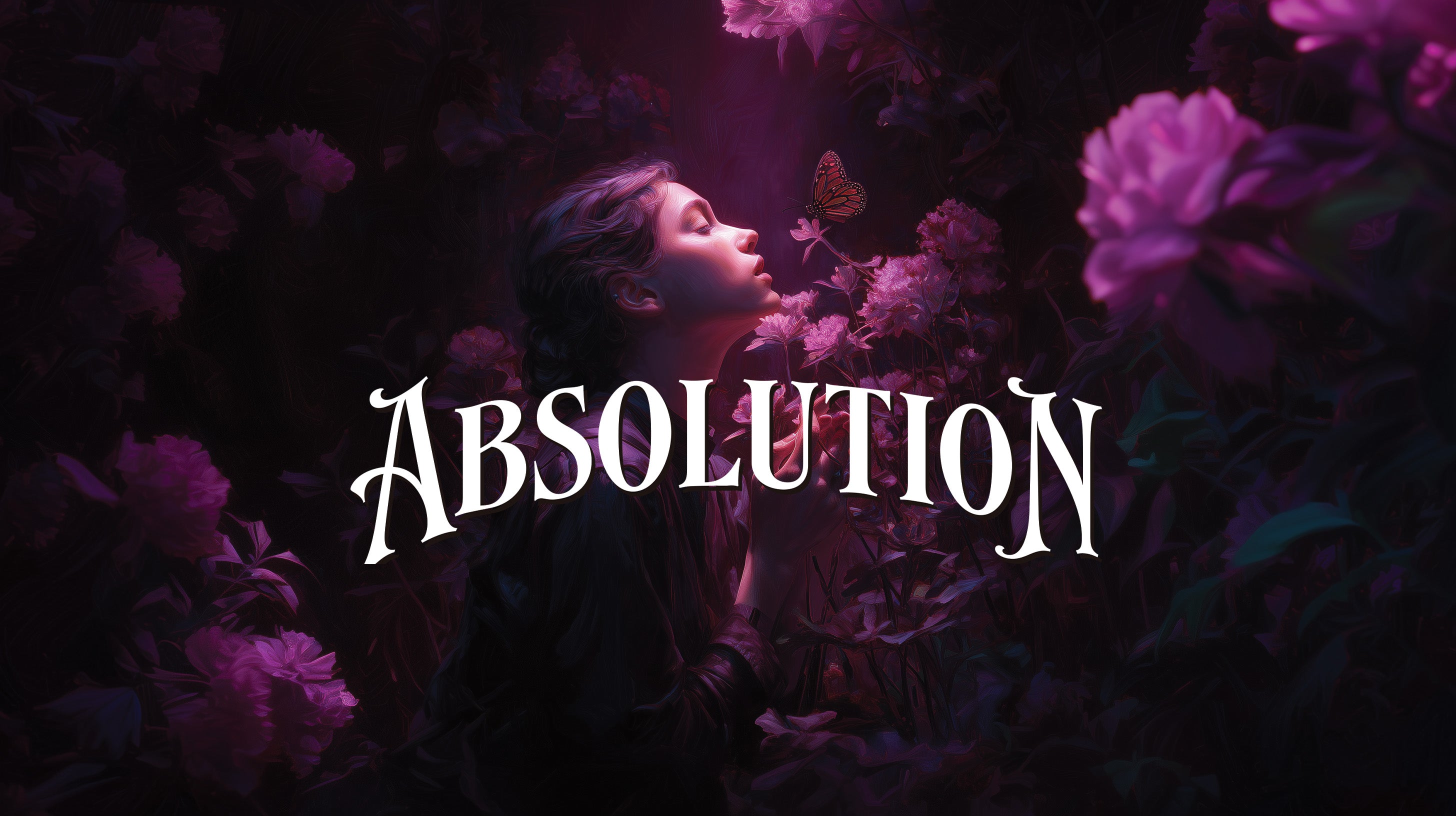 Person surrounded by flowers with 'ABSOLUTION' text in a dark, purple-hued setting