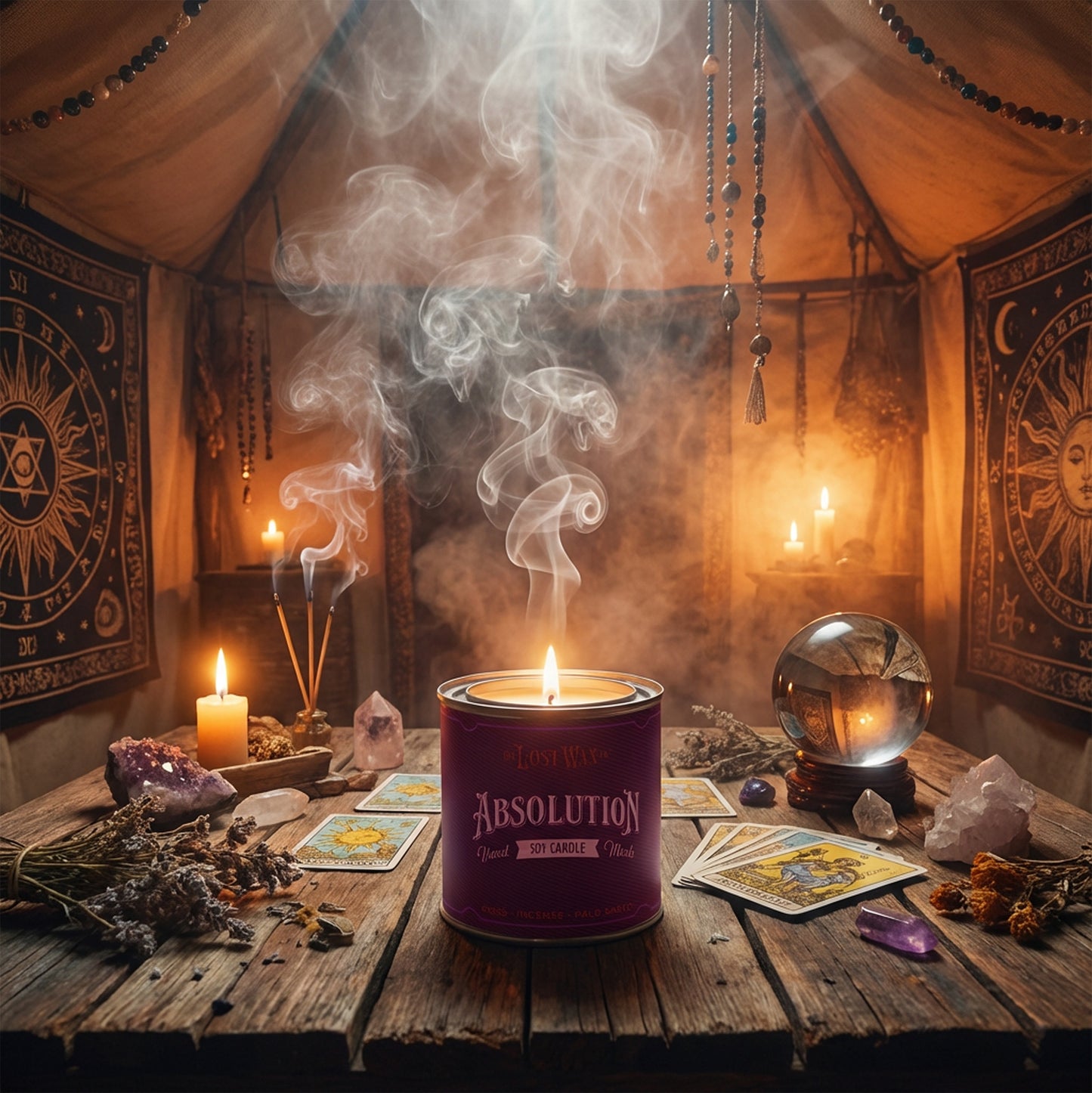 Purple candle labeled 'Absolution' on a wooden table with candles and cards in a mystical setting.