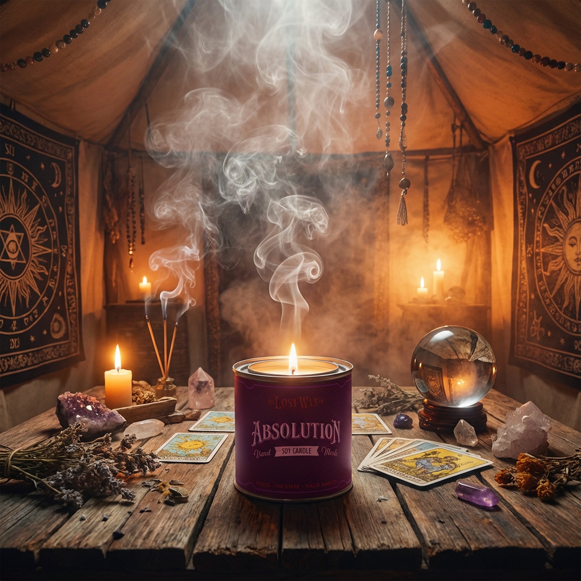 Purple candle labeled 'Absolution' on a wooden table with candles and cards in a mystical setting.