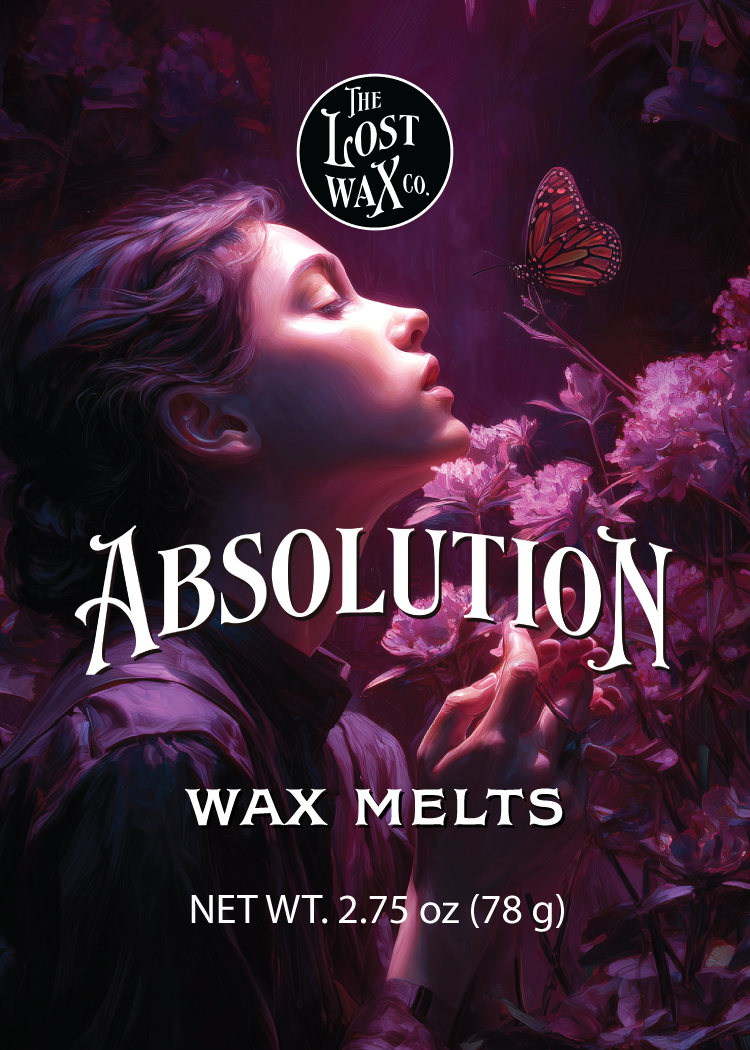 Wax melts packaging with a person and butterfly against a dark, mystical background.