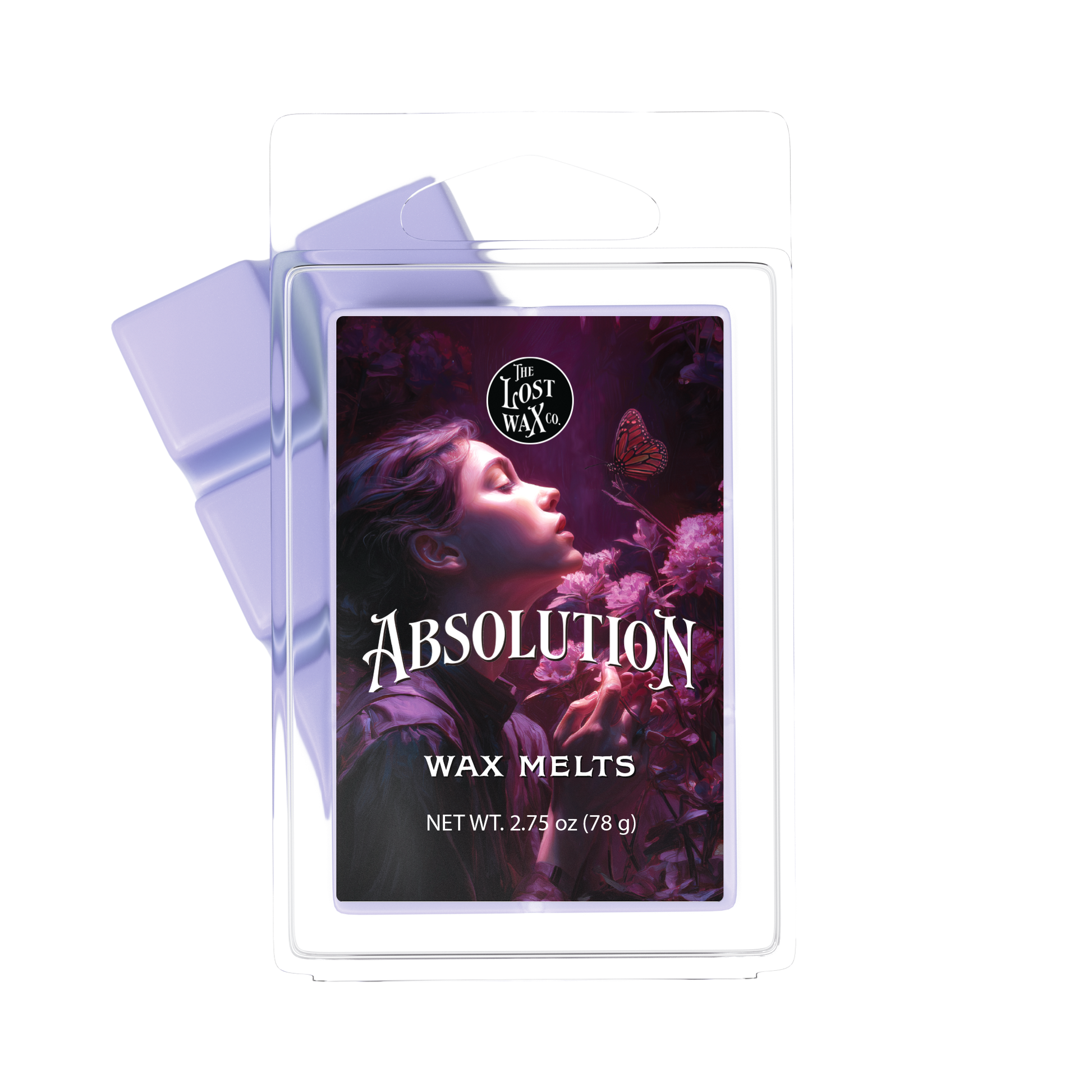 Absolution Wax melts packaging with 'The Lost Wax Co.' branding on a white background