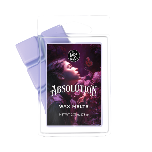 Absolution Wax melts packaging with 'The Lost Wax Co.' branding on a white background