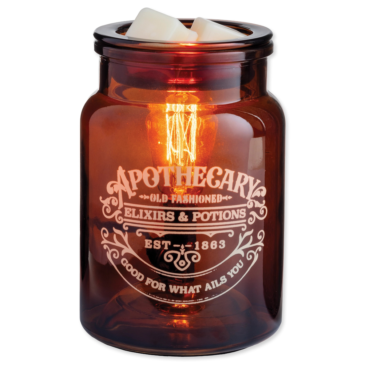Amber glass jar wax warmer with "Apothecary" label and interior Edison-style light bulb.