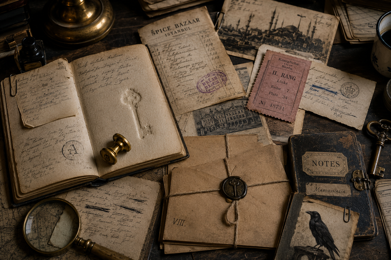 Vintage books, letters, and a key on a wooden surface with a warm color tone.