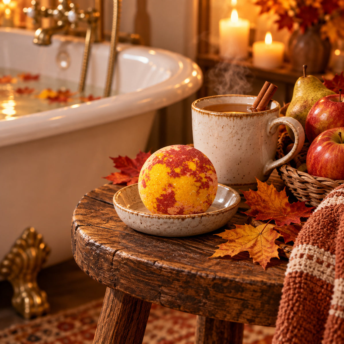 A cozy autumn-themed scene with a rustic wooden stool holding a ceramic mug of hot cider with cinnamon, a small dish with a red-and-yellow bath bomb, fall leaves, apples, and a knitted blanket. In the background, a white clawfoot bathtub contains floating autumn leaves, with lit candles on a shelf.
