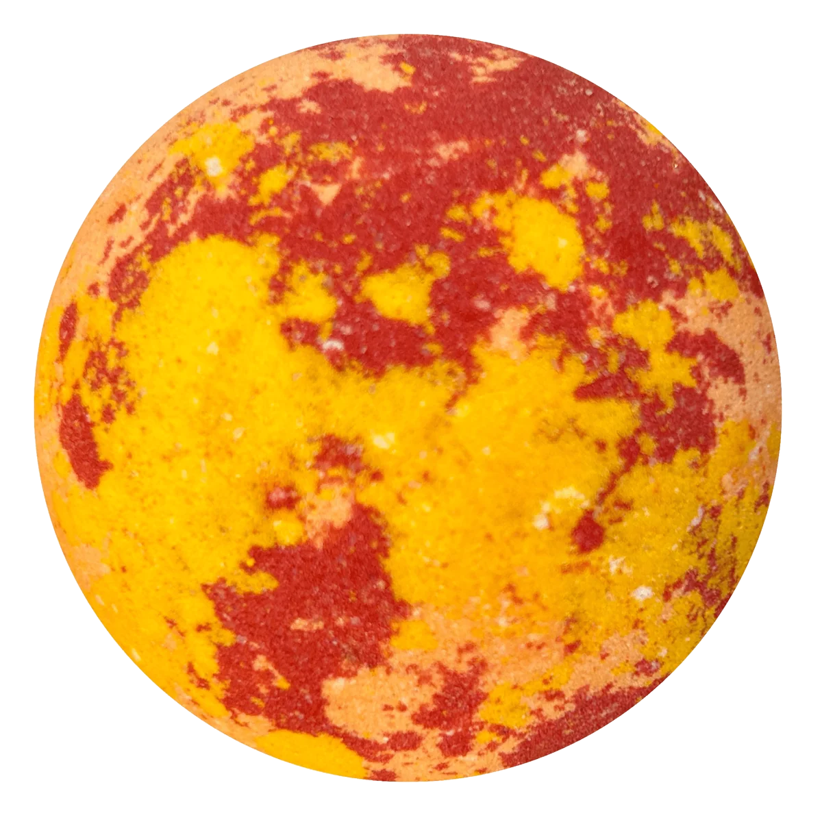 A round bath bomb with a mottled pattern of bright yellow and deep red, isolated on a solid white background.