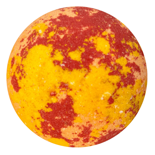 A round bath bomb with a mottled pattern of bright yellow and deep red, isolated on a solid white background.