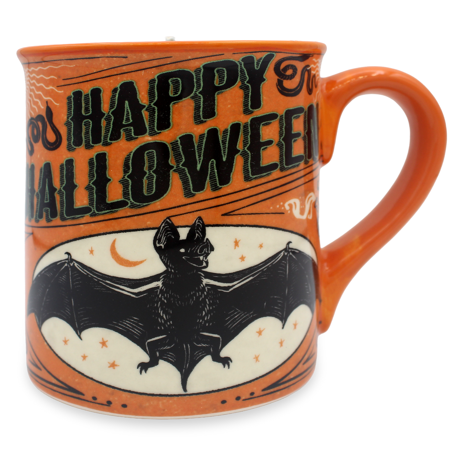 An orange ceramic mug with a Halloween design, featuring the text 'HAPPY HALLOWEEN' in black with a green outline, a black bat illustration, and a cream-colored oval background with stars and a crescent moon.