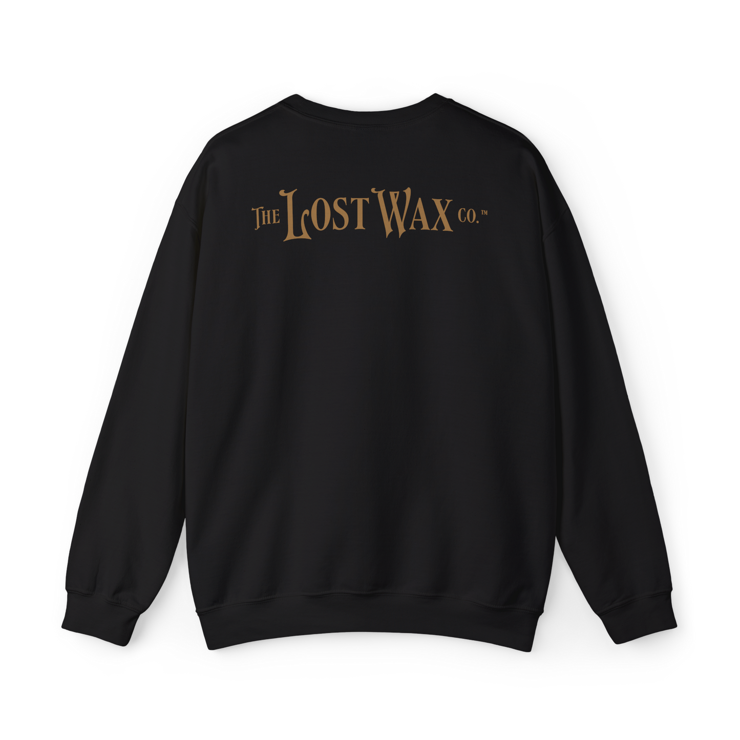 Black sweatshirt with 'The Lost Wax Co.' logo on the back against a white background