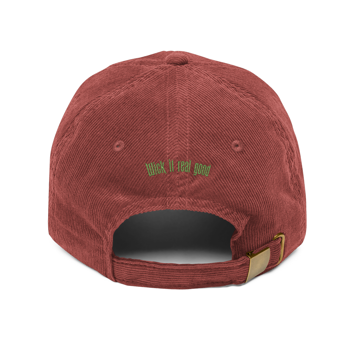 Red cap with a gold tag and green text on a white background