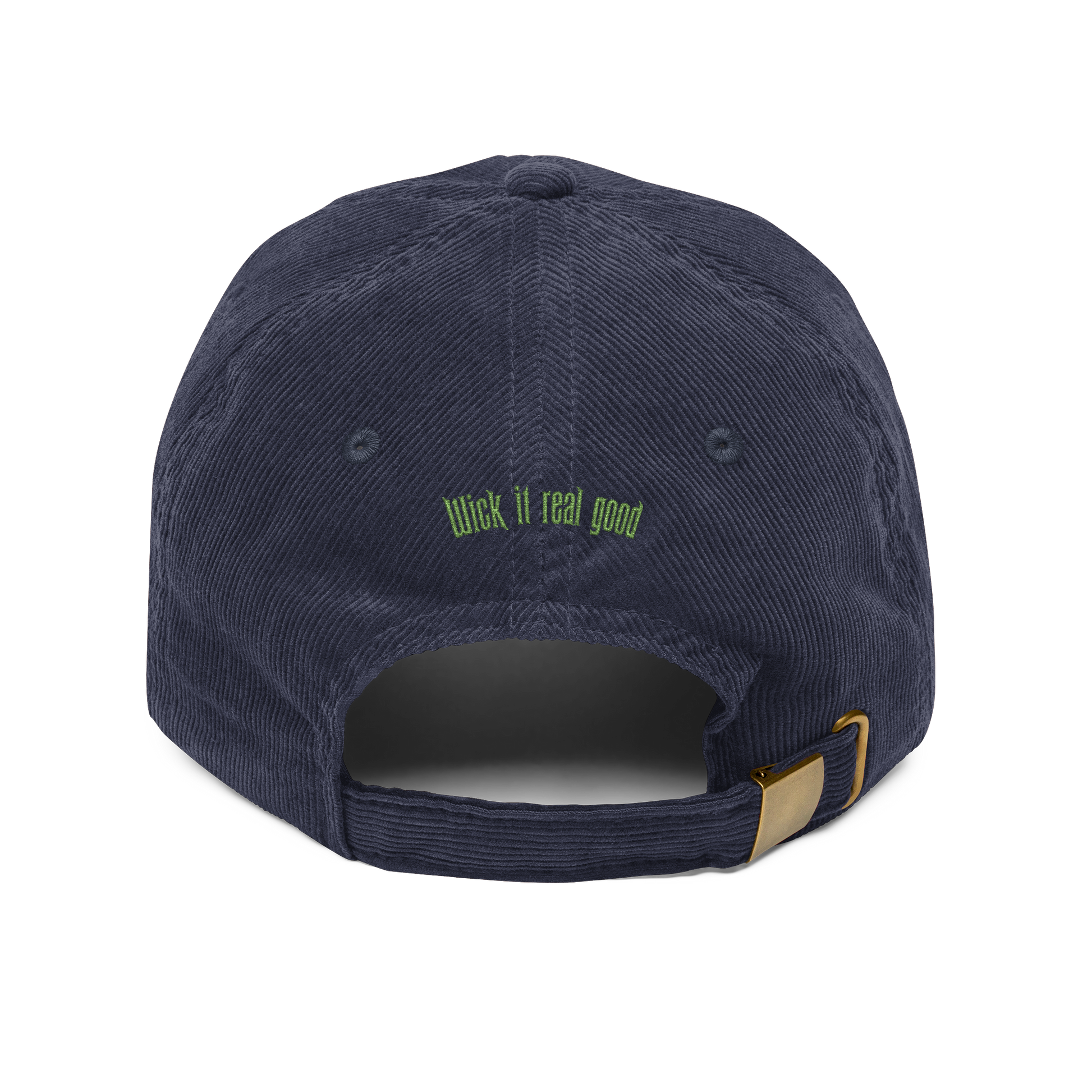 Navy blue cap with 'Wick it real good' text on a white background