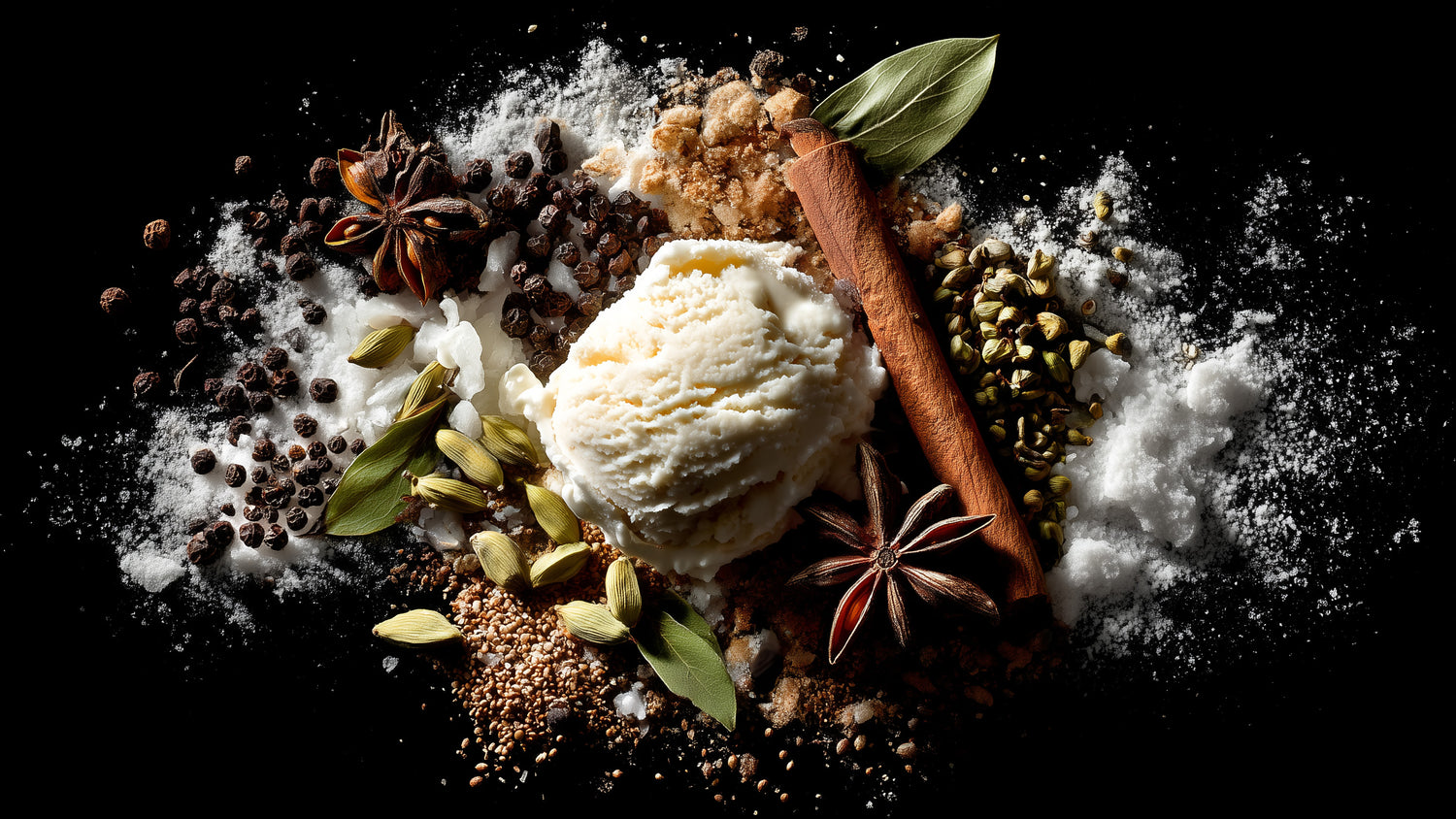 Spices and powdered ingredients on a black background.