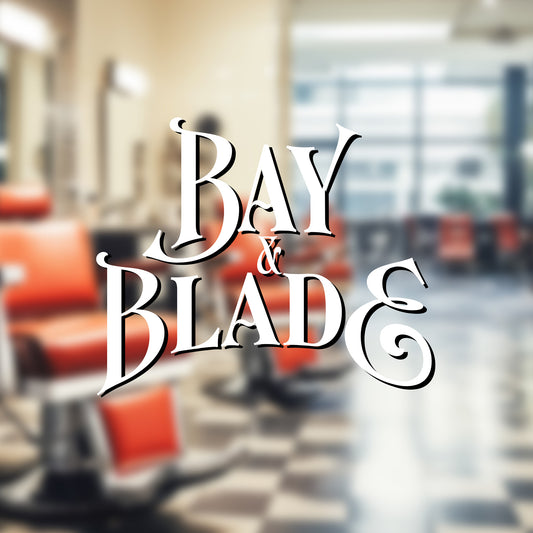 Blurred barbershop interior with 'Bay & Blade' logo overlay