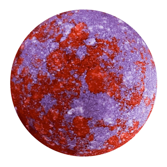 A round bath bomb with a marbled pattern of red and purple crystals, isolated on a white background.