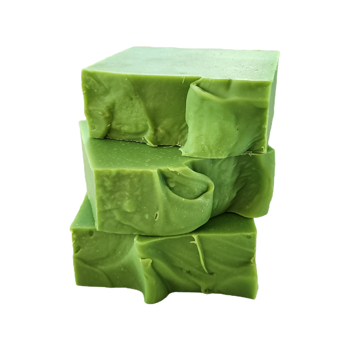 3 bars of handmade green soap stacked on top of each other.