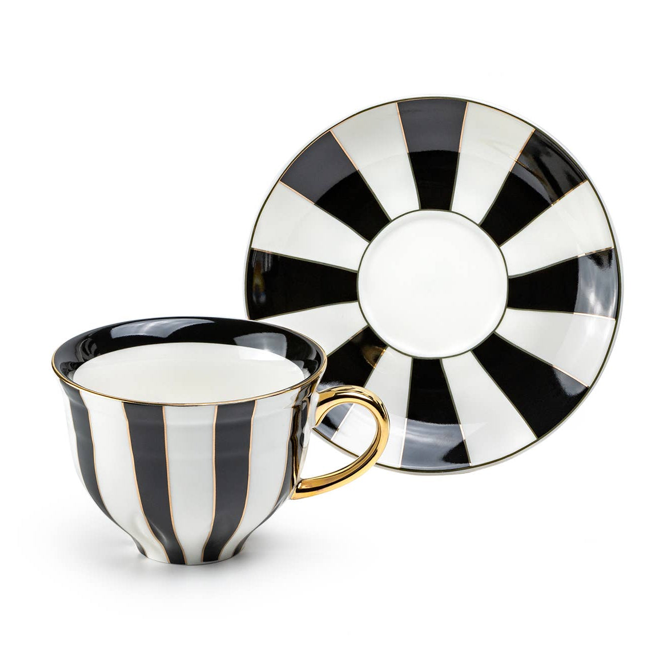 Black and white striped teacup and saucer on a white background