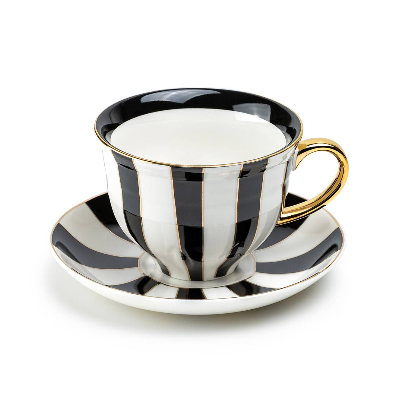 Black and white striped teacup and saucer with gold trim on a white background
