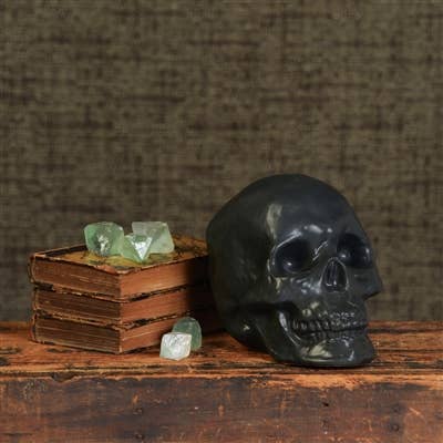 A dark polished skull figurine displayed on a rustic wooden surface next to a stack of old books and small green crystal stones, against a textured brown backdrop.