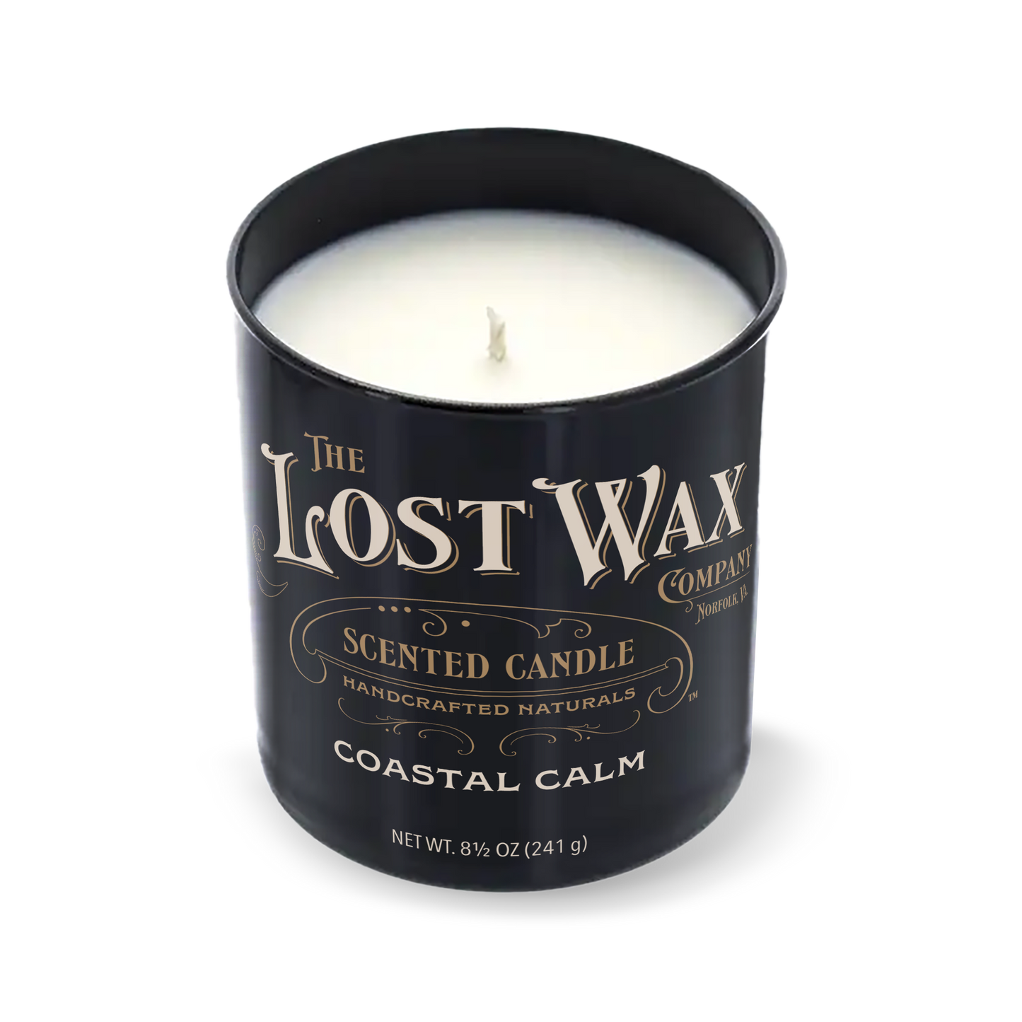 Coastal Calm scented candle in a black container with 'The Lost Wax Company' branding on a white background