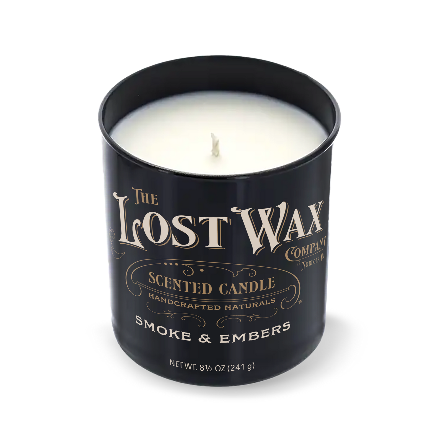 Smoke & Embers Candle in a black container with 'The Lost Wax Company' branding on a white background