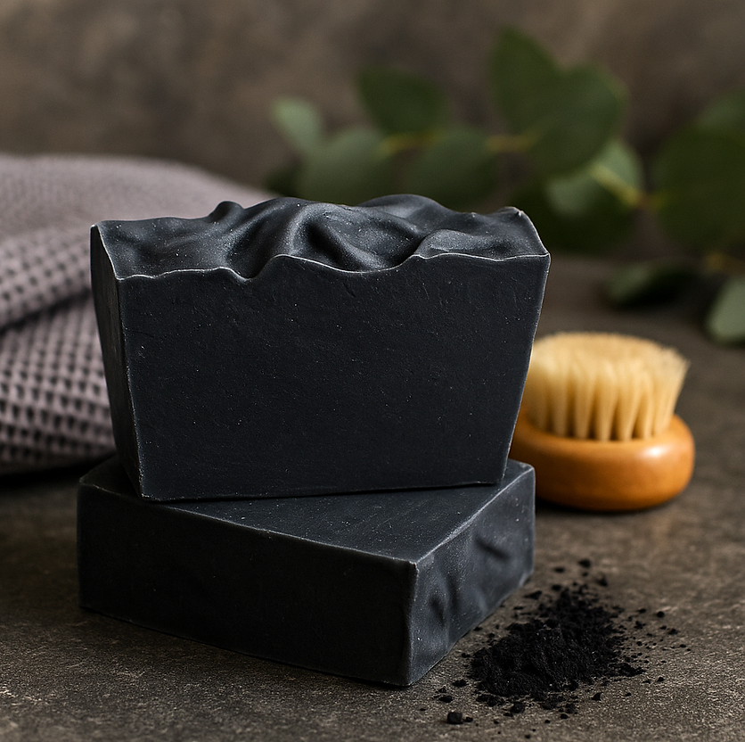 Two bars of black handmade soap