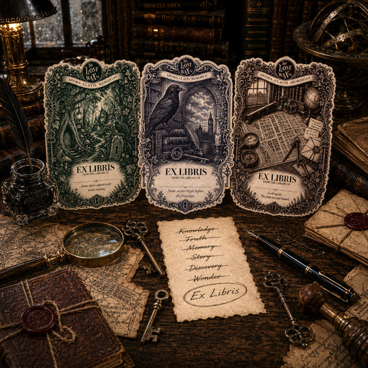 Three 'Ex Libris' bookplate designs on a vintage desk with books and tools.