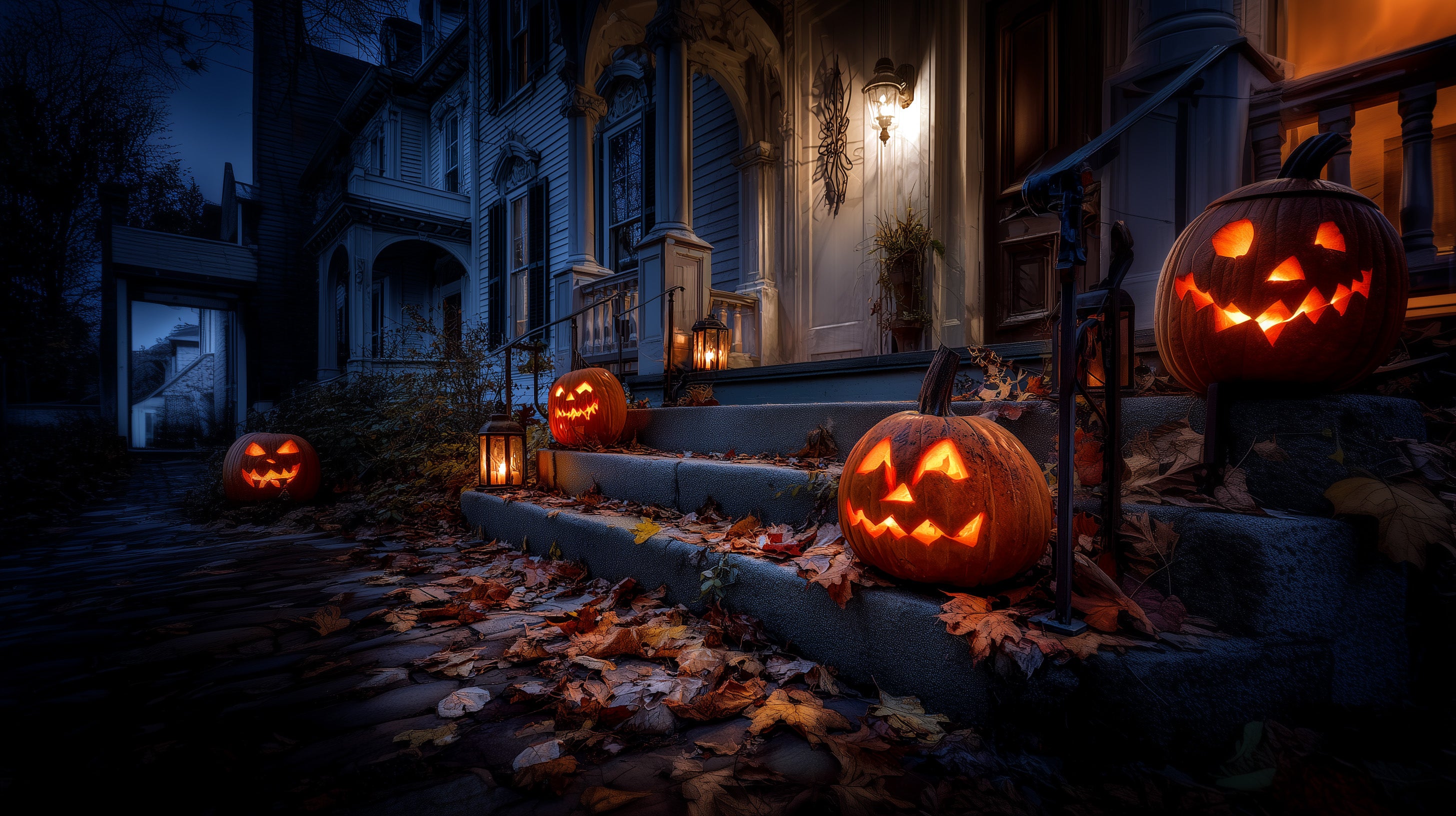 Spooky Halloween scene with carved pumpkins on a haunted house porch.