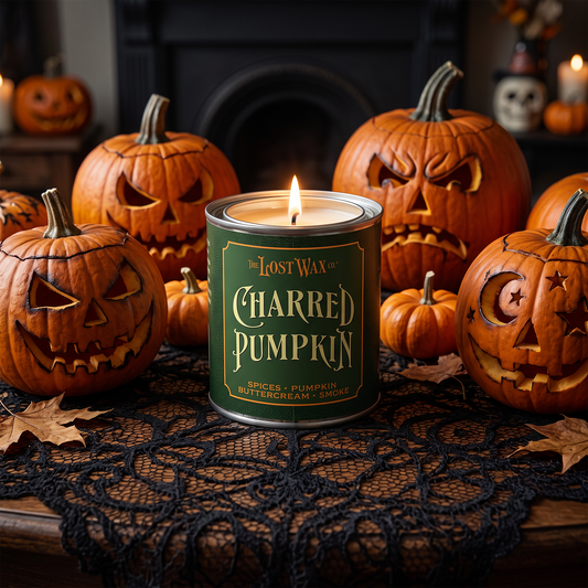 A lit candle in a green tin labeled 'The Lost Wax Charred Pumpkin' sits on a black lace tablecloth surrounded by carved pumpkins in a cozy indoor setting.