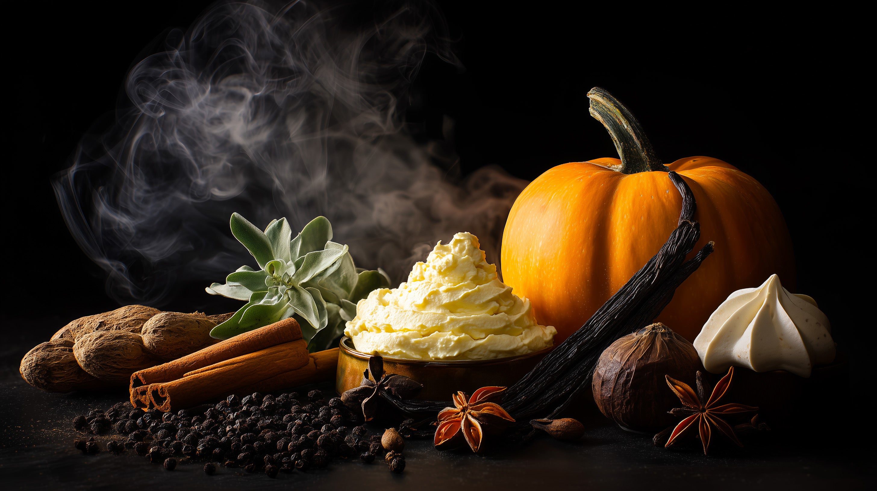 Pumpkin, whipped cream, and spices on a dark background with smoke effect